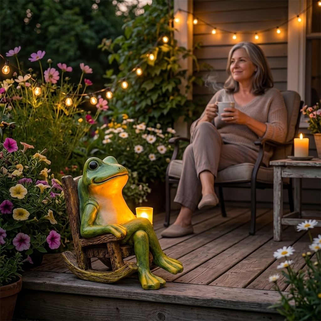 Glowing Garden Frog in Rocking Chair with Warm Amber LED Light