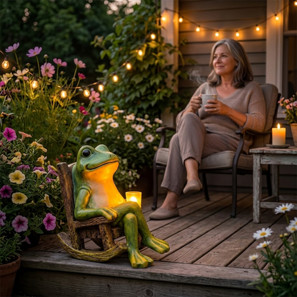 Glowing Garden Frog in Rocking Chair with Warm Amber LED Light