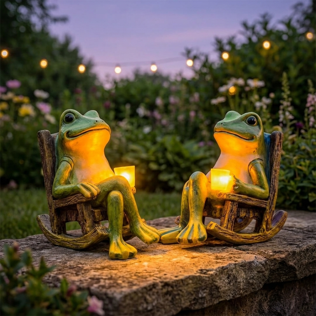 Glowing Garden Frog in Rocking Chair with Warm Amber LED Light