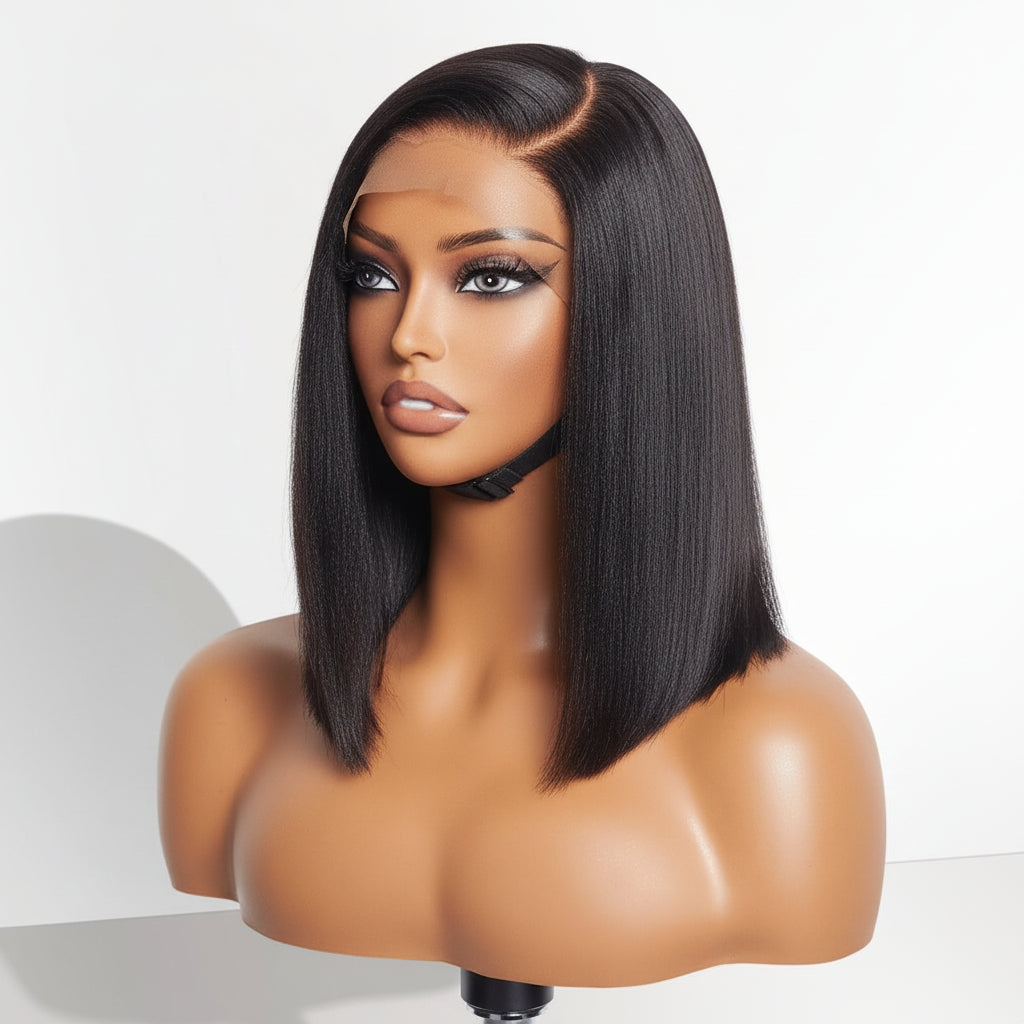 Glueless Human Hair Bob Wig Yaki Straight Lace Front Style
