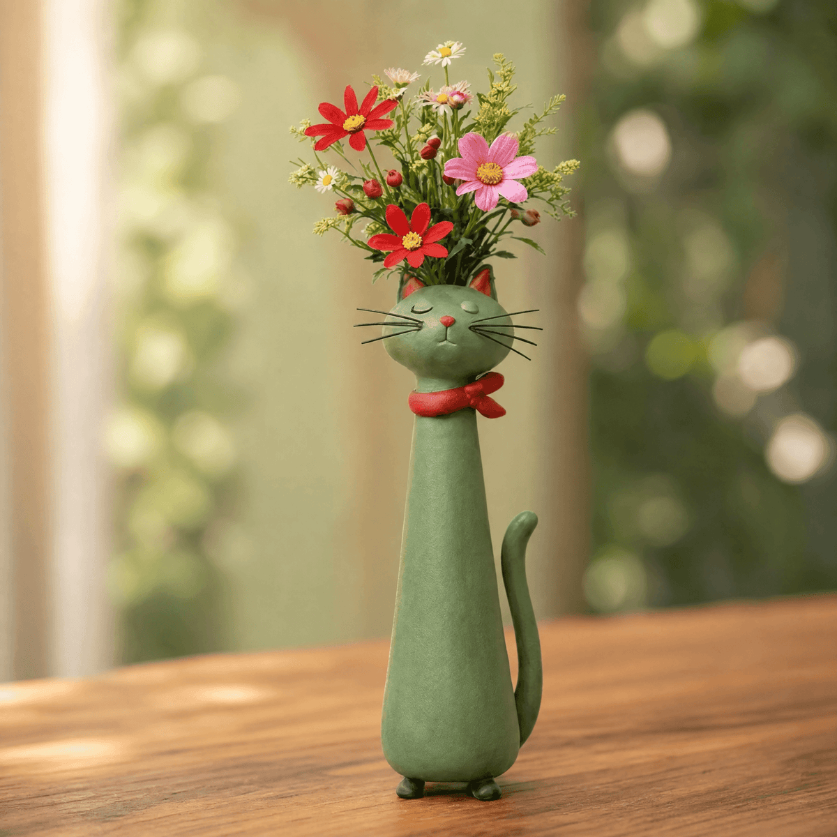 Handmade Ceramic Cat Flower Vase with Enamel Glaze