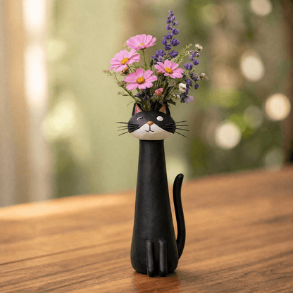 Handmade Ceramic Cat Flower Vase with Enamel Glaze
