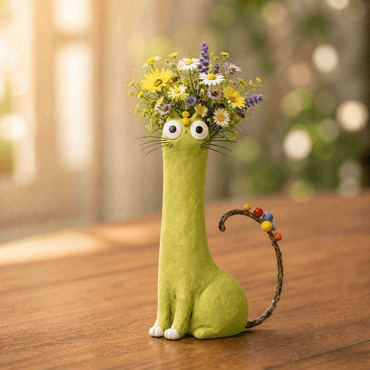 Handmade Ceramic Cat Flower Vase with Enamel Glaze