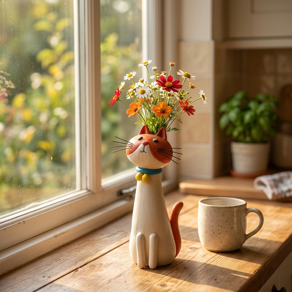 Handmade Ceramic Cat Flower Vase with Enamel Glaze