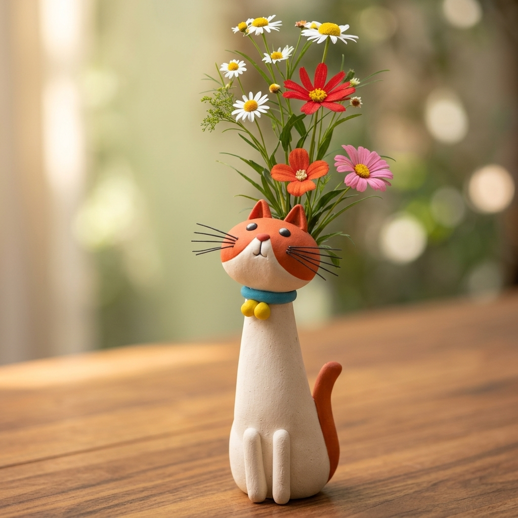 Handmade Ceramic Cat Flower Vase with Enamel Glaze