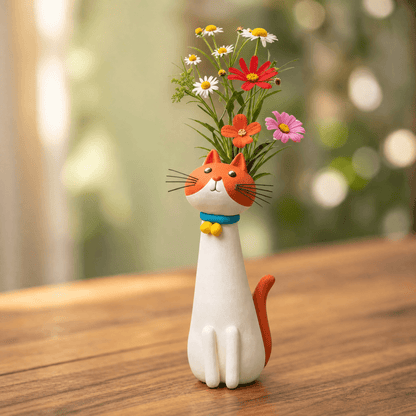 Handmade Ceramic Cat Flower Vase with Enamel Glaze