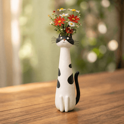 Handmade Ceramic Cat Flower Vase with Enamel Glaze