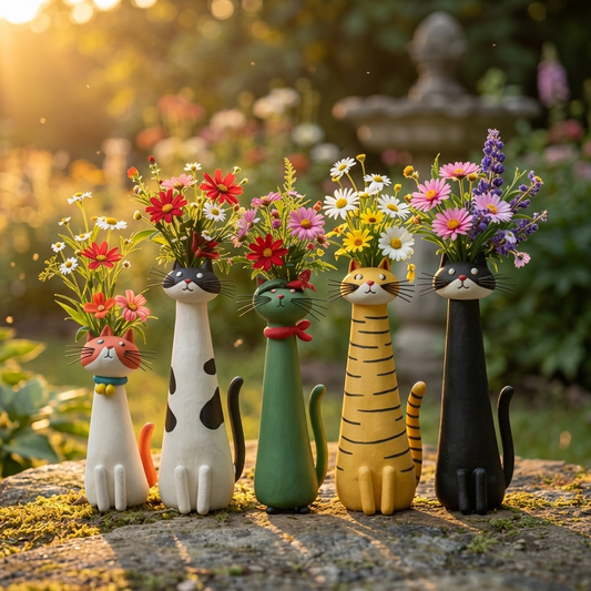Handmade Ceramic Cat Flower Vase with Enamel Glaze
