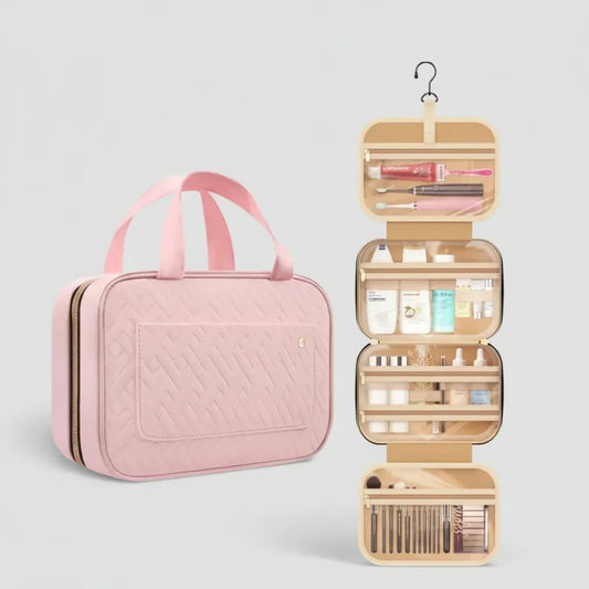 Borsa organizer da viaggio sospesa per il trucco, con spazio pieghevole per cosmetici