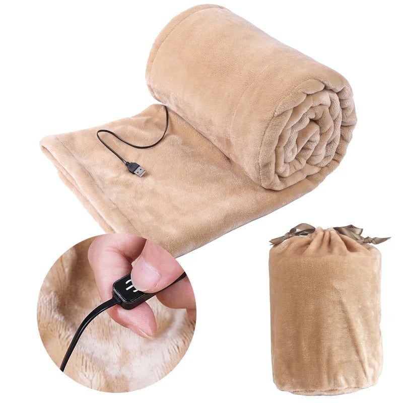 Beheizte Decke, USB-betrieben, Plüsch-Fleece, elektrische Kuscheldecke, drei Heizstufen, Aufbewahrungstasche