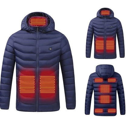 Heated Puffer Jacket Nine Heating Zones Hood Quilted Design Zipper Pockets