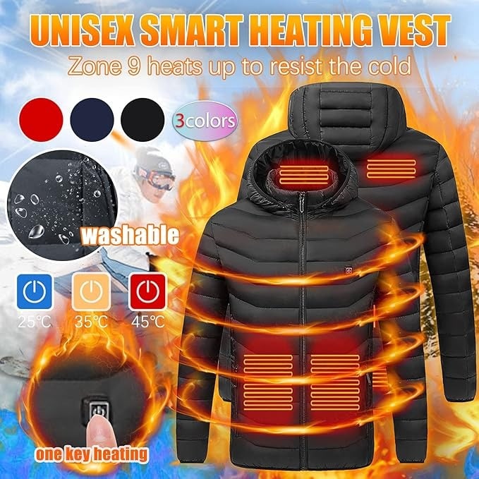 Heated Puffer Jacket Nine Heating Zones Hood Quilted Design Zipper Pockets