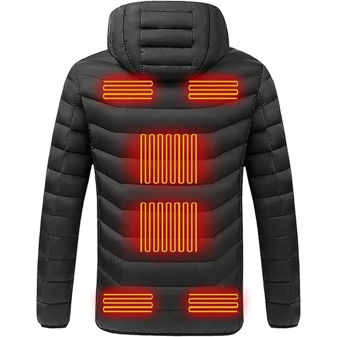 Heated Puffer Jacket Nine Heating Zones Hood Quilted Design Zipper Pockets