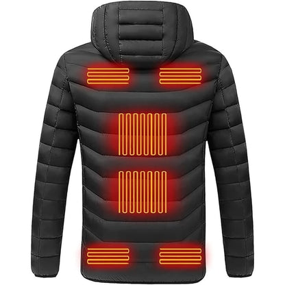 Heated Puffer Jacket Nine Heating Zones Hood Quilted Design Zipper Pockets
