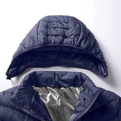 Heated Puffer Jacket Nine Heating Zones Hood Quilted Design Zipper Pockets