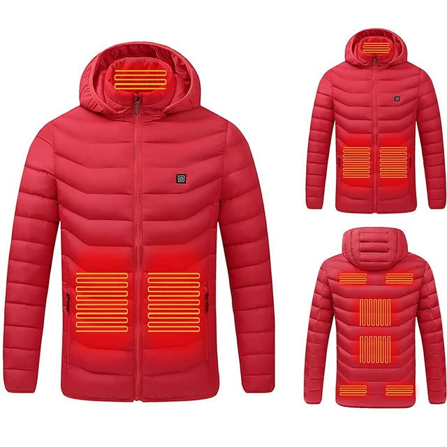 Heated Puffer Jacket Nine Heating Zones Hood Quilted Design Zipper Pockets