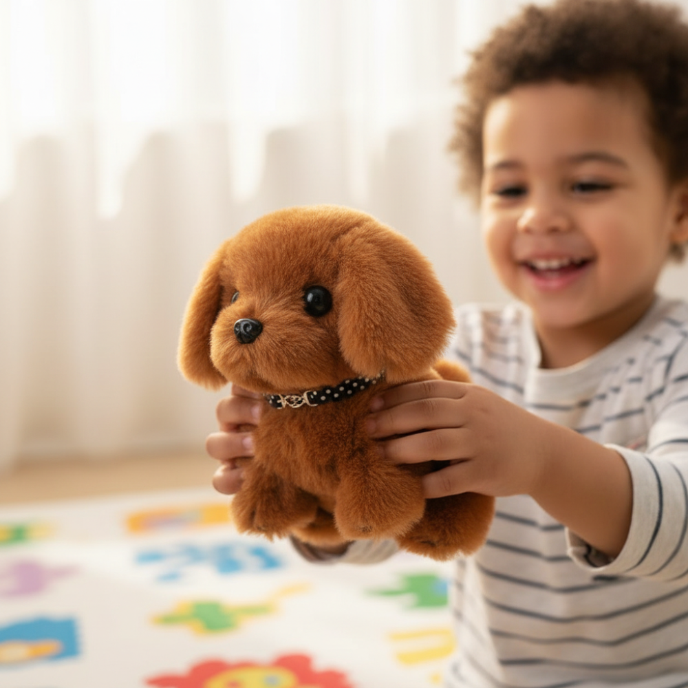 Giocattolo interattivo a forma di cane robot, cucciolo di peluche che cammina e abbaia, con movimento