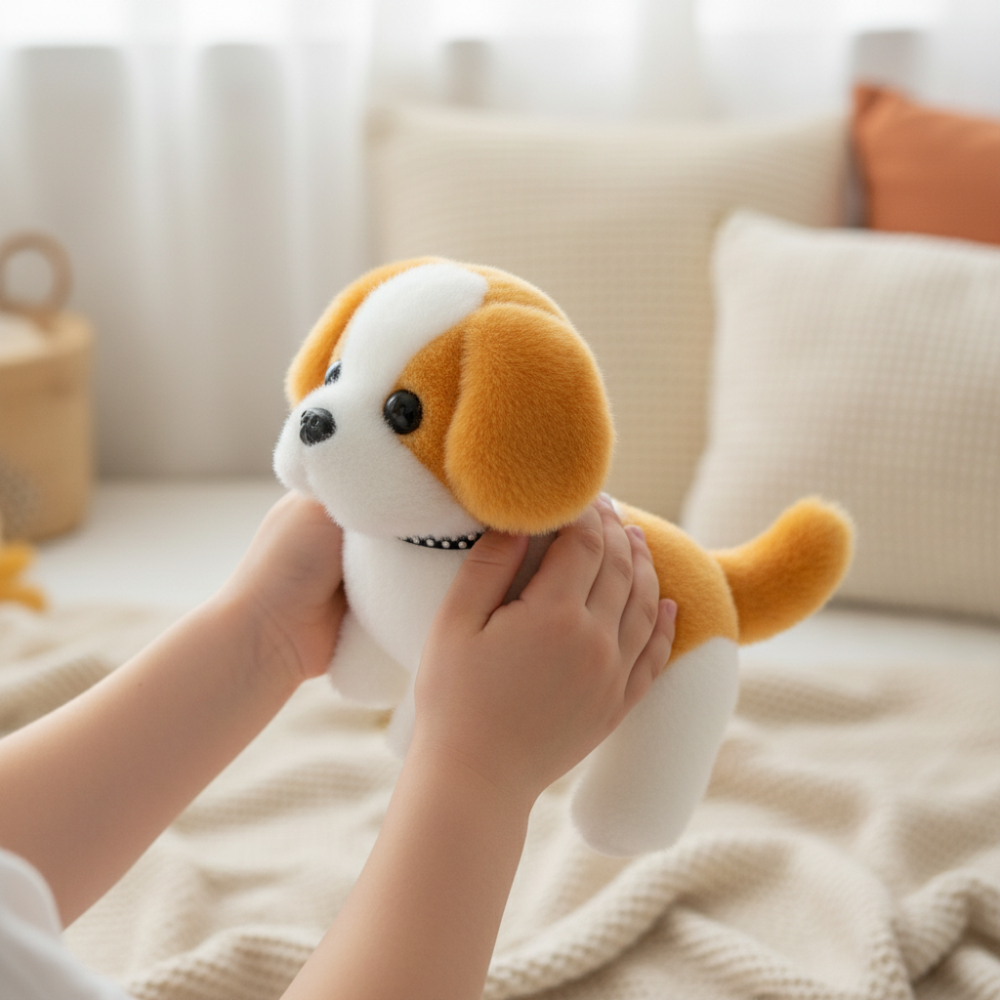 Giocattolo interattivo a forma di cane robot, cucciolo di peluche che cammina e abbaia, con movimento