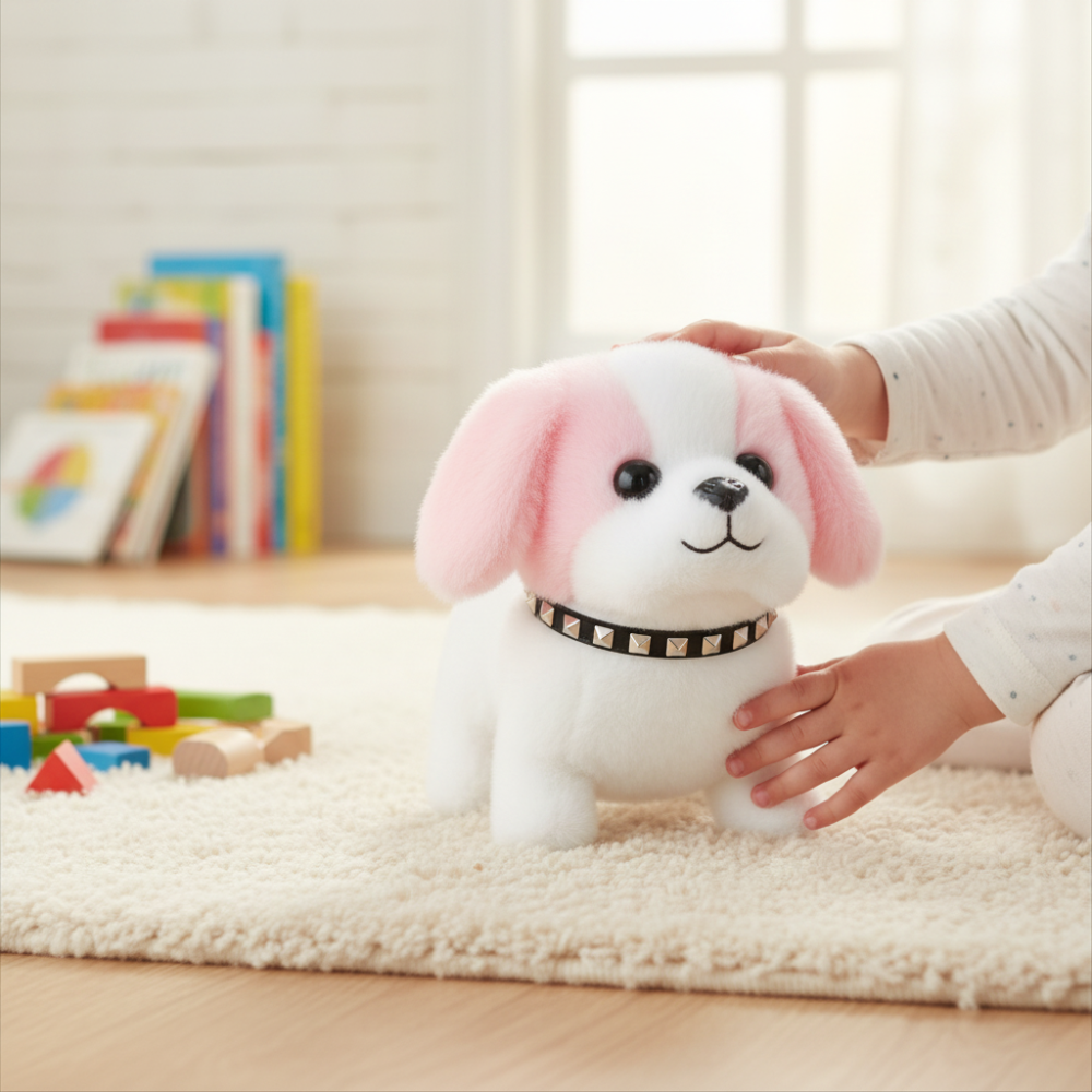 Giocattolo interattivo a forma di cane robot, cucciolo di peluche che cammina e abbaia, con movimento