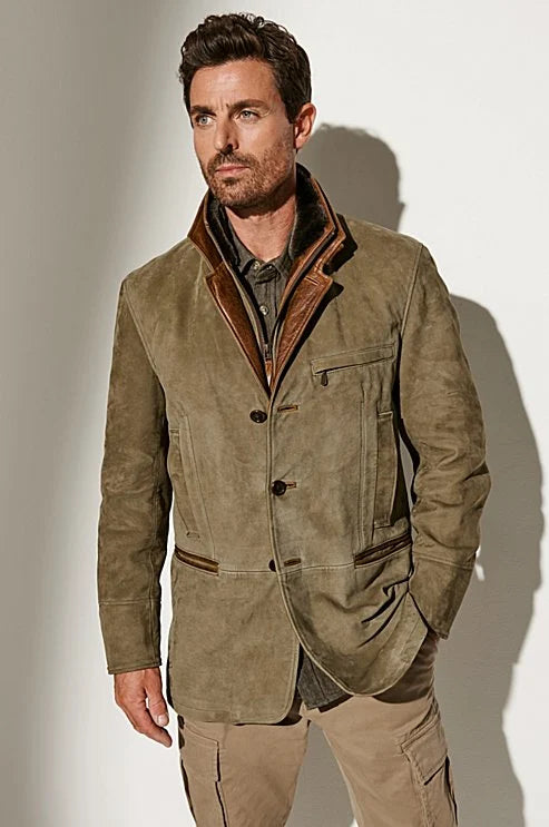 Joachim Vintage Mens Suede Jacket with Leather Accents Slim Fit Casual Outerwear