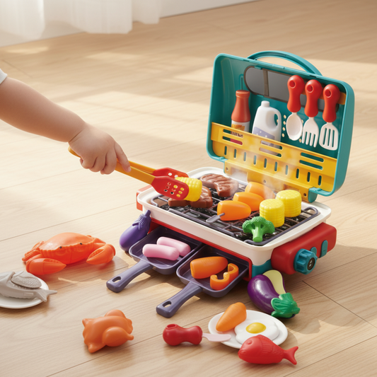 Set barbecue giocattolo per bambini, cibo che cambia colore ed effetto fumo