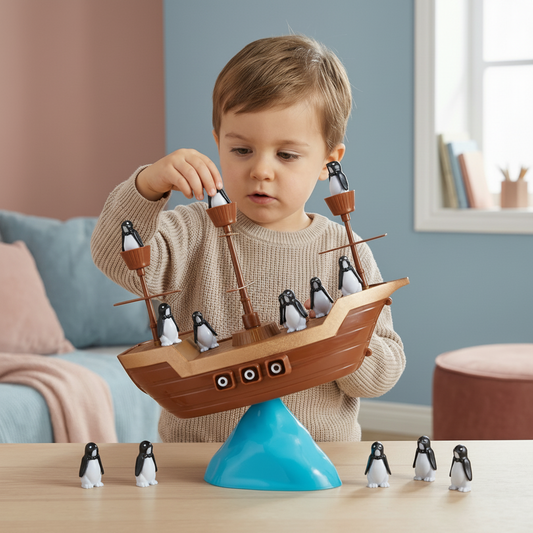 Juego infantil de equilibrio de pingüinos y tablero de apilamiento con barco pirata