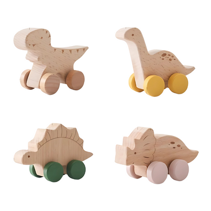Kids' Wooden Dinosaur Roller Car Set for Push Play
