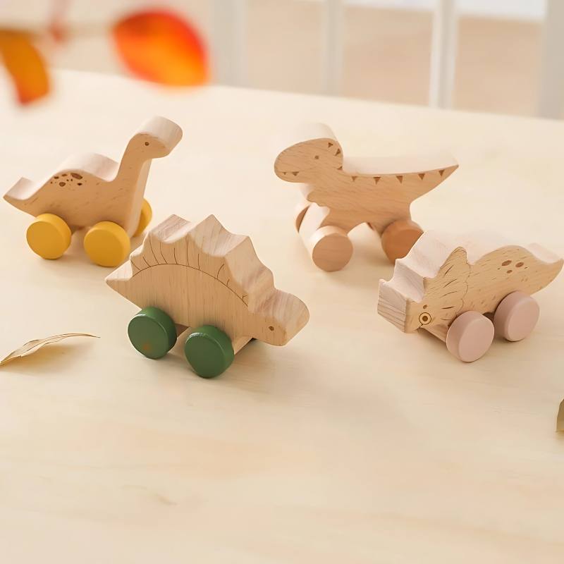 Kids' Wooden Dinosaur Roller Car Set for Push Play