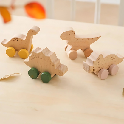 Kids' Wooden Dinosaur Roller Car Set for Push Play