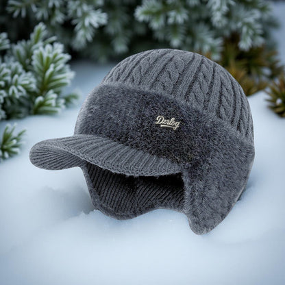 Wintermütze im Trapper-Stil, Strickmütze mit Ohrenklappen und Schirm, für kaltes Wetter und draußen
