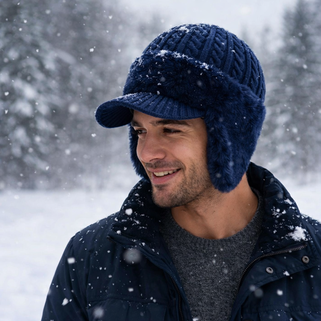 Wintermütze im Trapper-Stil, Strickmütze mit Ohrenklappen und Schirm, für kaltes Wetter und draußen