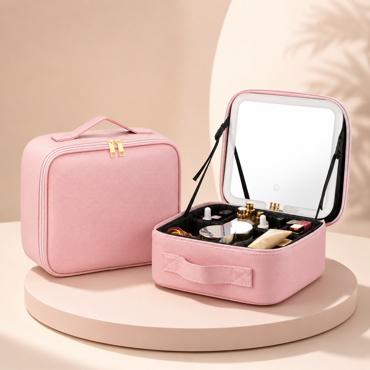Custodia da viaggio per il trucco con specchio LED e spazio regolabile per i cosmetici