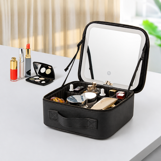 Custodia da viaggio per il trucco con specchio LED e spazio regolabile per i cosmetici