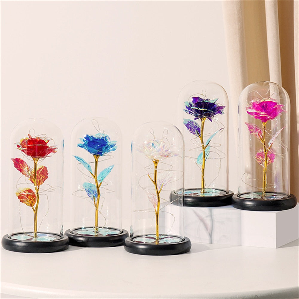 LED Rose Dome Light with Glass Cover and Wooden Base