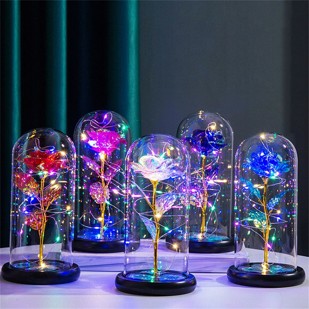LED Rose Dome Light with Glass Cover and Wooden Base