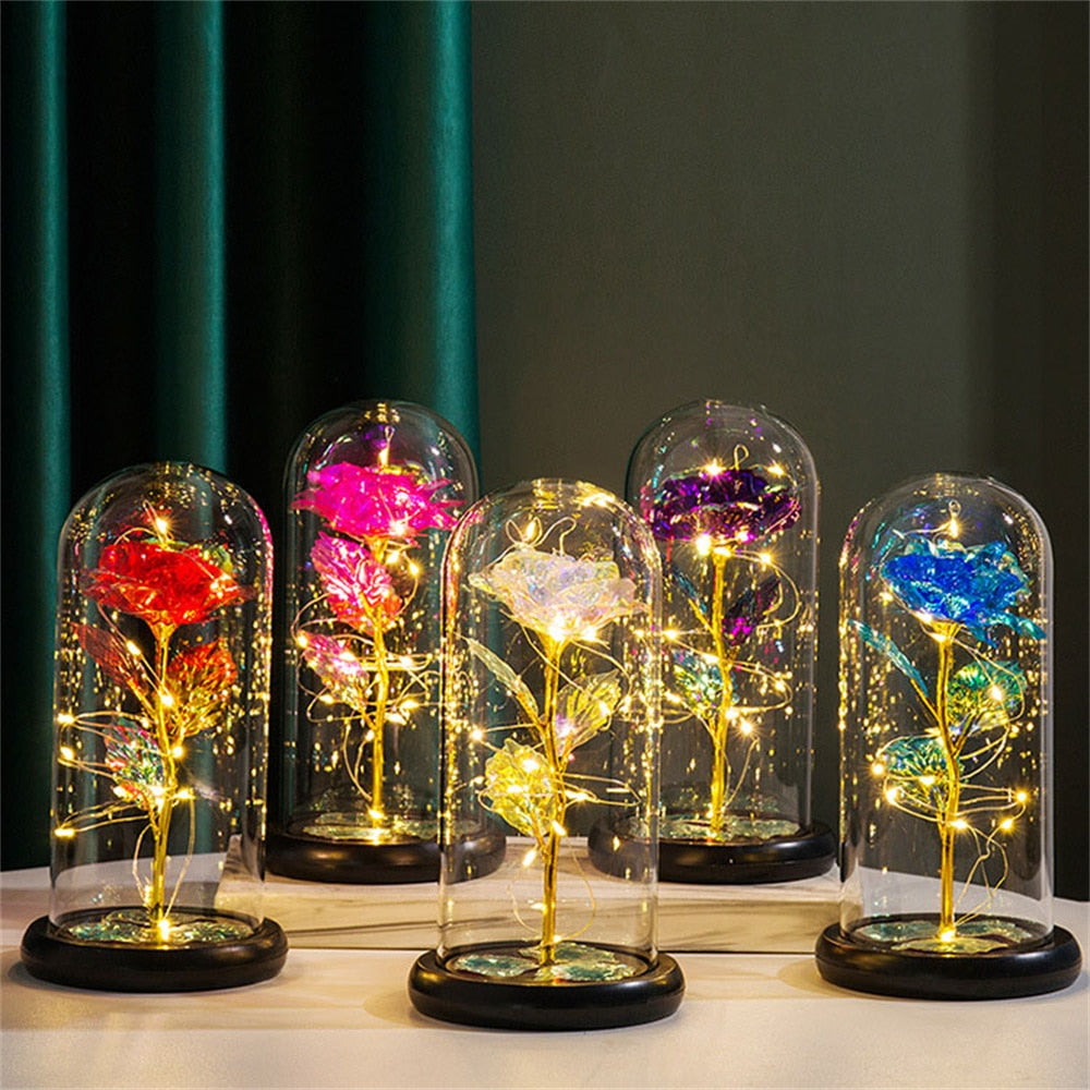 LED Rose Dome Light with Glass Cover and Wooden Base