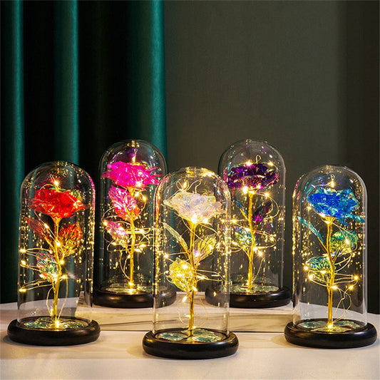 LED Rose Dome Light with Glass Cover and Wooden Base