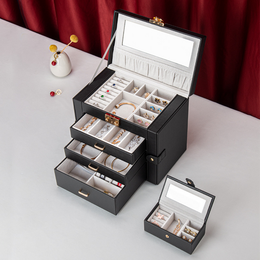 Grande boîte à bijoux, organiseur, étui de rangement à 3 tiroirs avec miroir