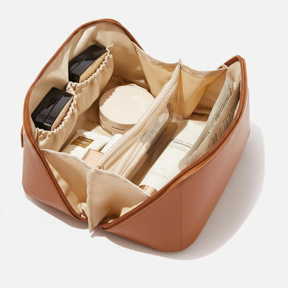 Grote open, platliggende reisorganizer voor make-up met opbergruimte voor cosmetica