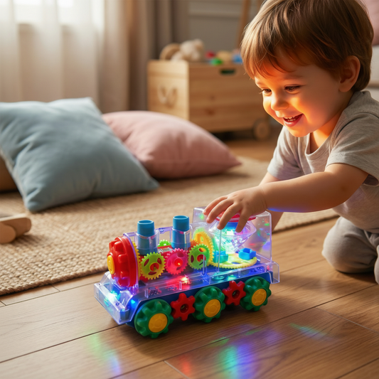 Trenino giocattolo musicale e danzante per bambini, con luci e movimento automatico