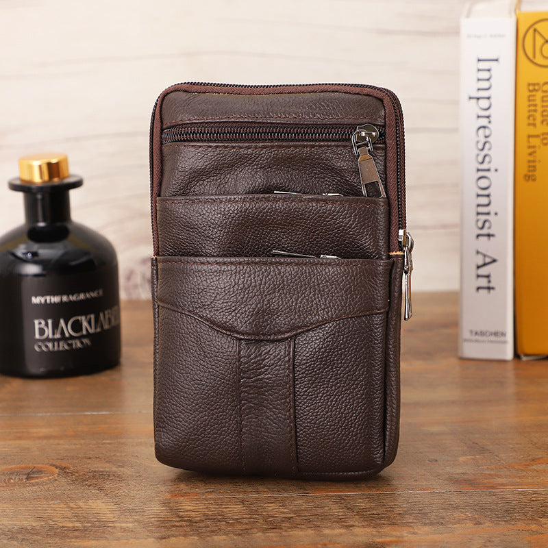 Mens Genuine Leather Waist Bag Crossbody Phone Holder with Multiple Zip Compartments