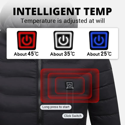 Men's Heated Puffer Winter Jacket Three Heat Settings Hood Quilted Insulation Coat