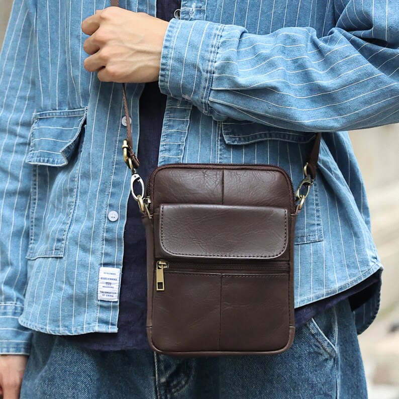 Men’s Small Genuine Leather Shoulder Bag Compact Crossbody