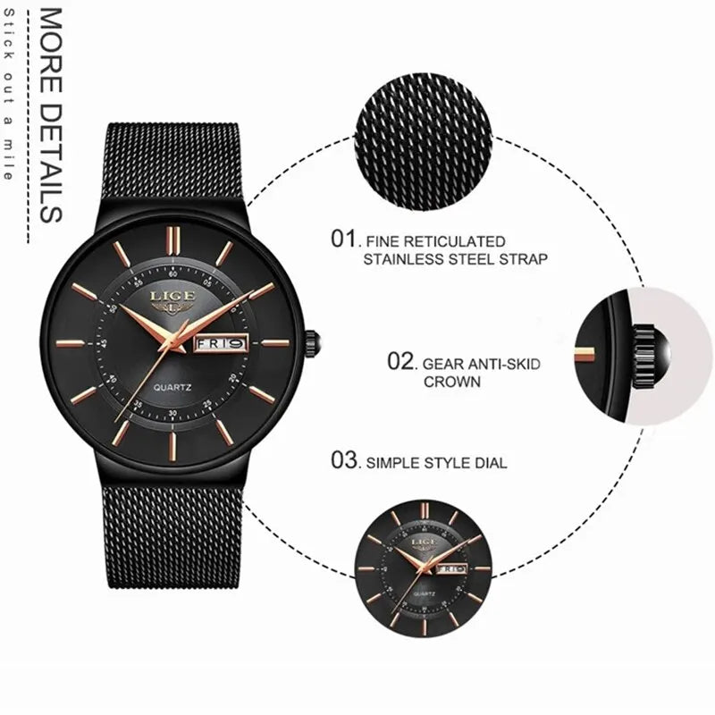 Men’s Ultra Thin Stainless Steel Quartz Watch with Date Display