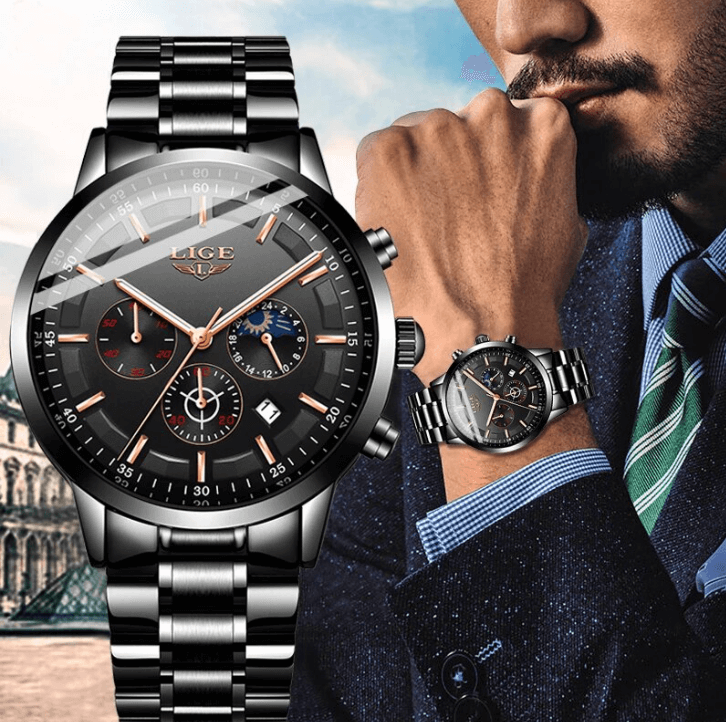 Military Black Steel Watch Stainless Steel Men’s Waterproof Wristwatch