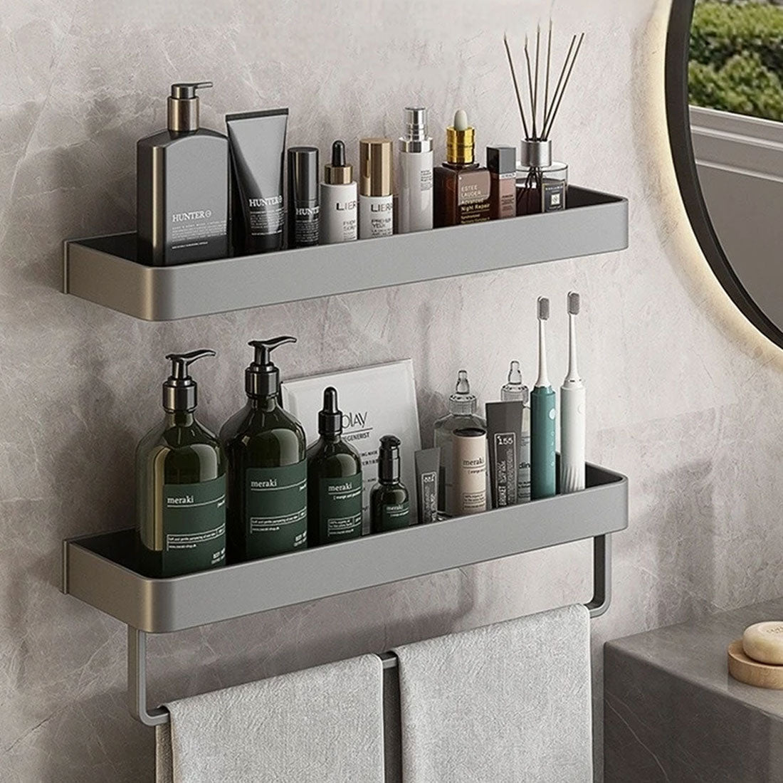 Modern Grey Bathroom Shelf Wall Mounted Storage with Optional Towel Rail