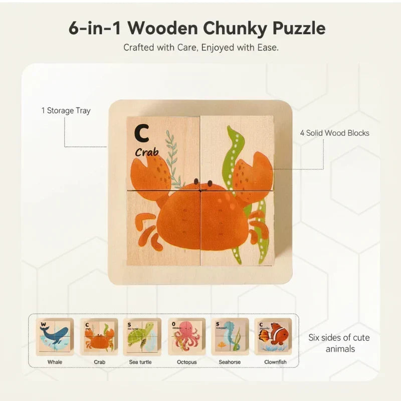 Montessori Animal Wooden Puzzle 6-in-1 for Kids