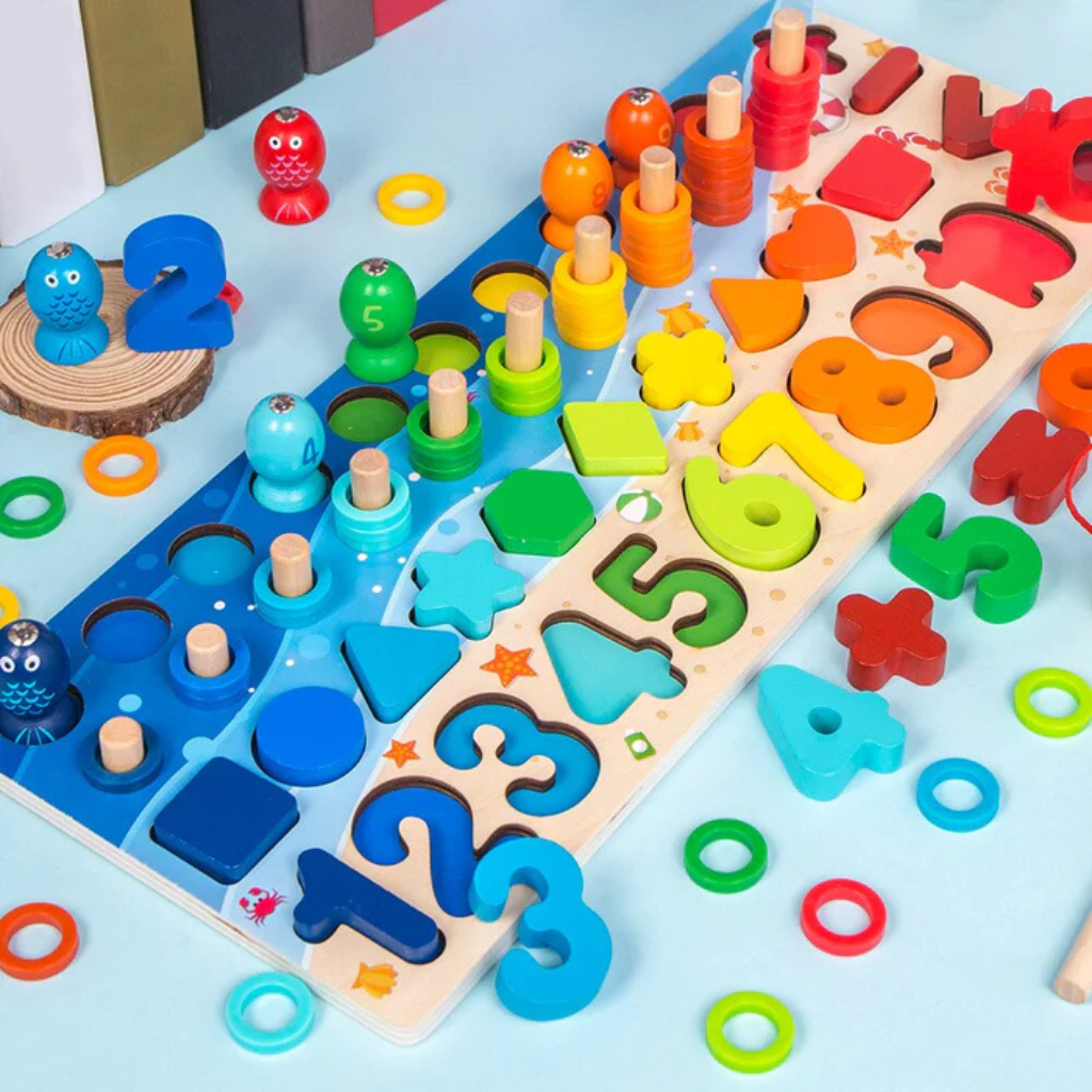 Tavola delle attività Montessori in legno per bambini piccoli, per imparare a contare e abbinare