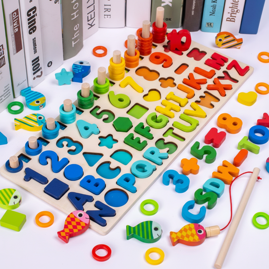 Tavola delle attività Montessori in legno per bambini piccoli, per imparare a contare e abbinare