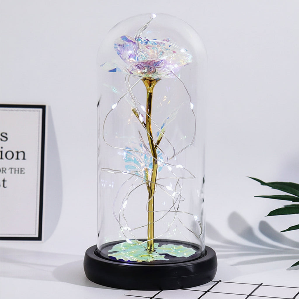 Rozenfiguur voor Moederdag onder glazen stolp met ledverlichting, cadeau en decoratie